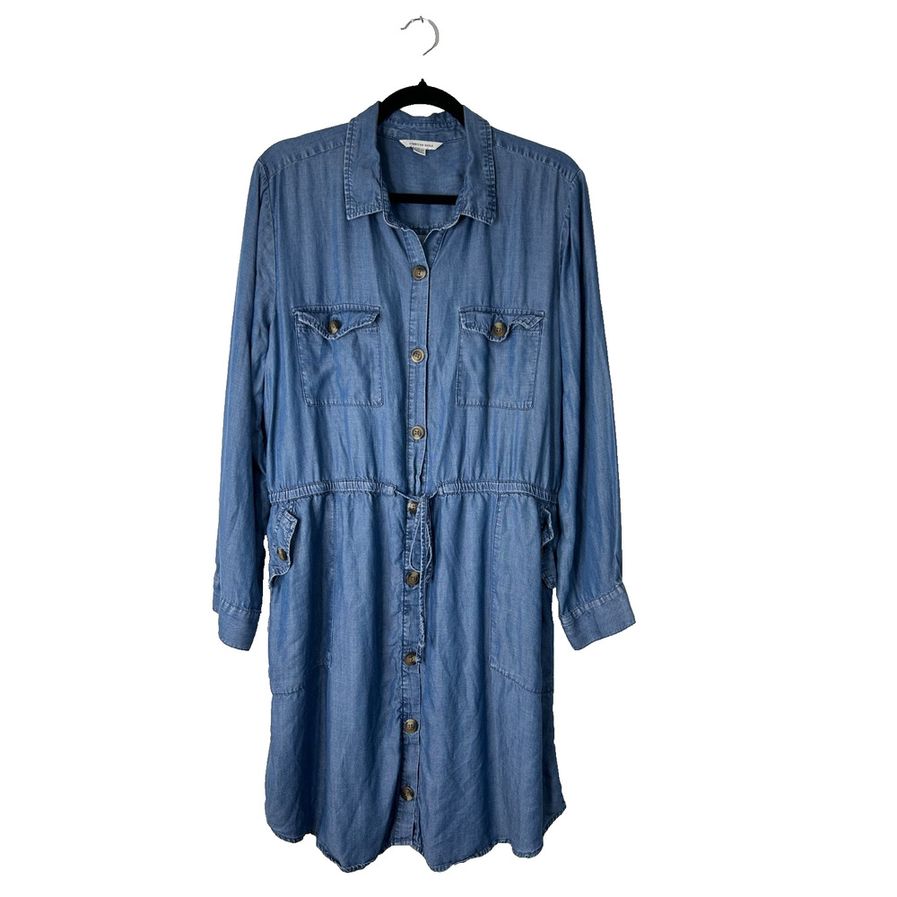 American Eagle Chambray Shirt‎ Dress XL Lyocell Long Sleeve Tie Waist Button Up